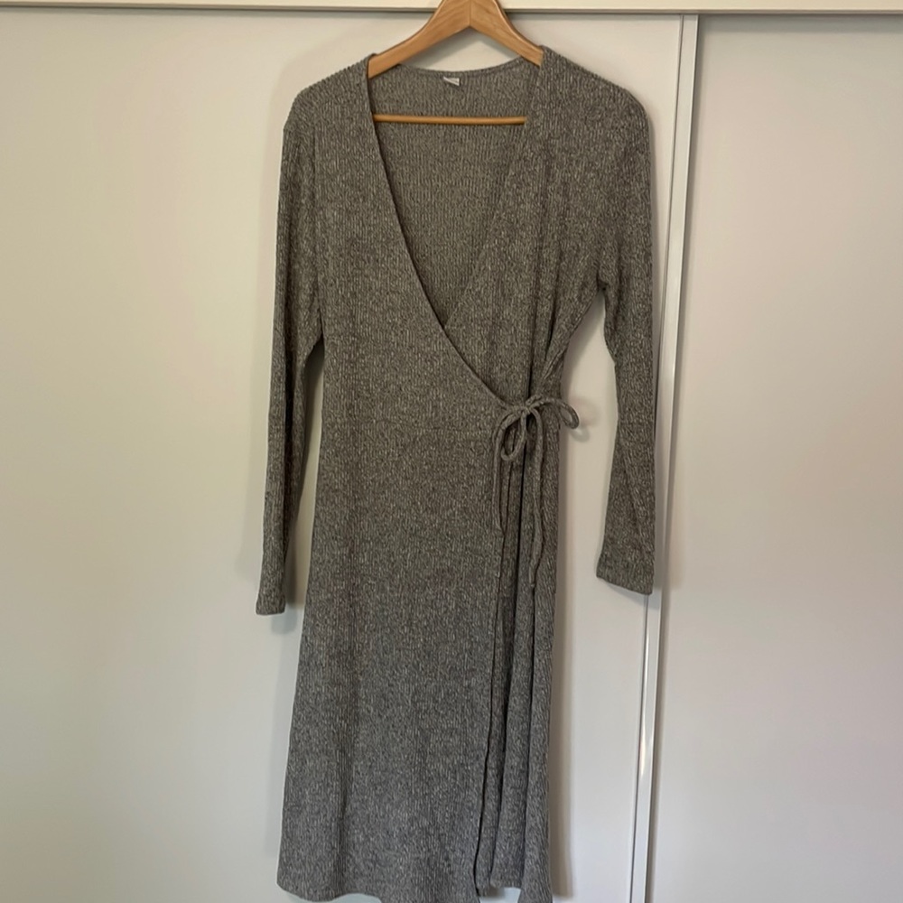 Grey and orange wrap sweater dresses